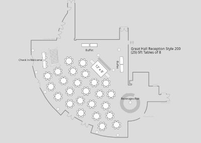 Daniels Great Hall Reception floor plan for 200 guests. (25) 5-foot tables of 8.