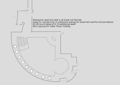 Mezzanine Level (included with all Great Hall rentals). Great for cocktail hour or additional seating. (9) 4-foot round tables for 6-54 additional seats. Maximum capacity for Video Tower visibility.